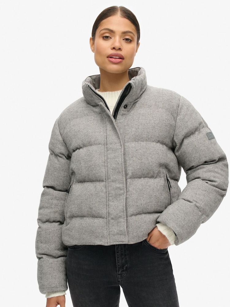 Superdry Grey Marl Tweed Puffer Boxy Jacket - Image 1 of 7