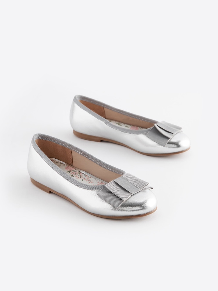 Silver Metallic Bow Occasion Ballerinas Shoes - Image 1 of 5