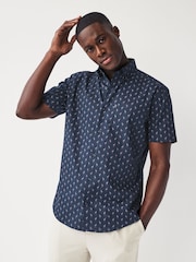 Navy Blue Flamingo Easy Iron Button Down Short Sleeve Oxford Shirt - Image 1 of 5