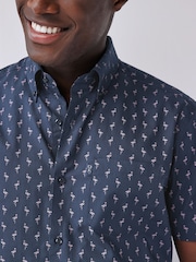 Navy Blue Flamingo Easy Iron Button Down Short Sleeve Oxford Shirt - Image 4 of 5