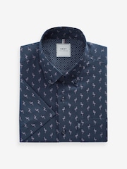Navy Blue Flamingo Easy Iron Button Down Short Sleeve Oxford Shirt - Image 5 of 5