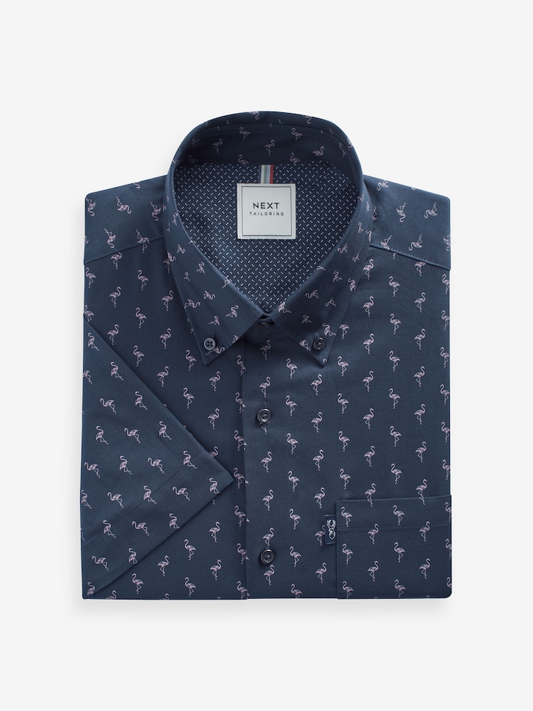 Navy Blue Flamingo Easy Iron Button Down Short Sleeve Oxford Shirt - Image 5 of 5