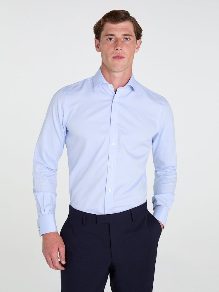TM Lewin Blue Skinny Fit Non-Iron Regular Plain Twill Double Cuff Shirt - Image 1 of 8