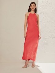Coral Pink Premium 100% Linen Midi Dress - Image 1 of 5