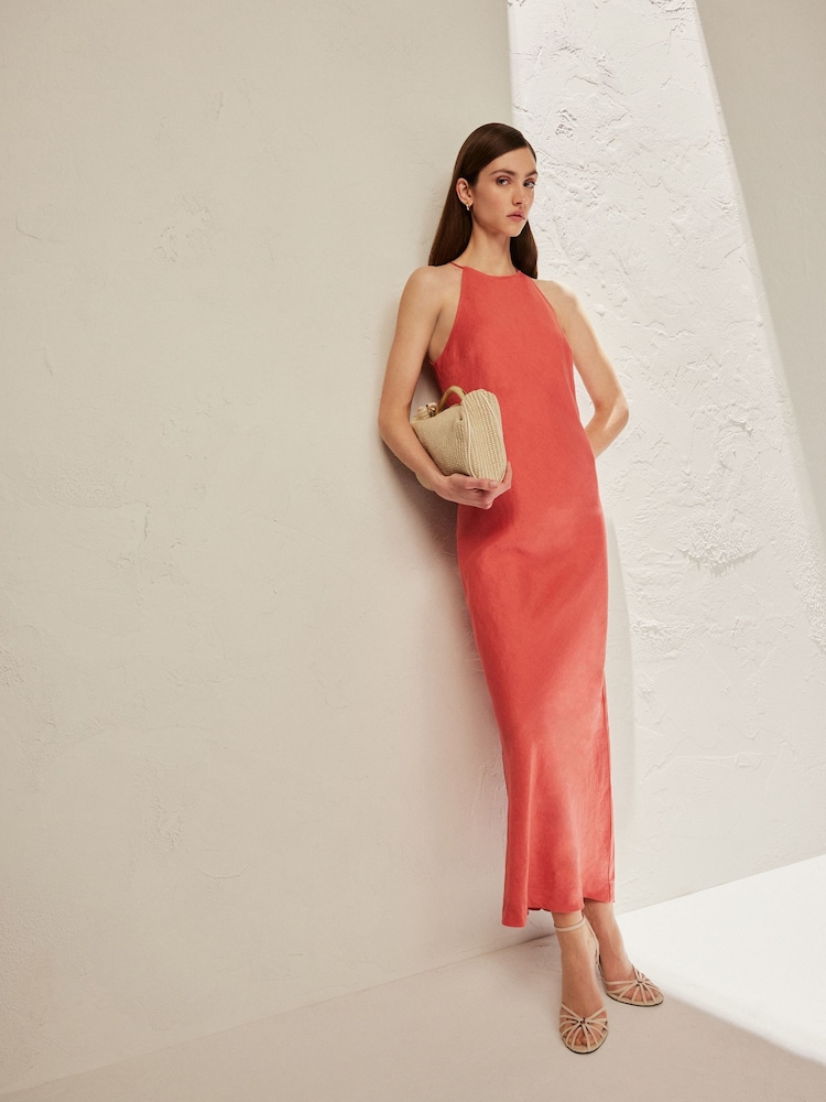 Coral Pink Premium 100% Linen Midi Dress - Image 2 of 5