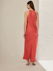 Coral Pink Premium 100% Linen Midi Dress - Image 3 of 5