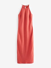 Coral Pink Premium 100% Linen Midi Dress - Image 4 of 5