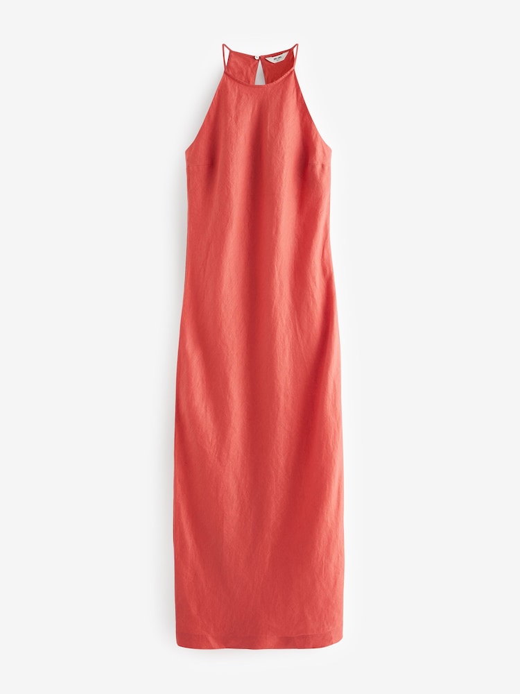 Coral Pink Premium 100% Linen Midi Dress - Image 4 of 5