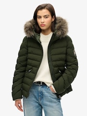 Superdry Olive Green Fuji Faux Fur Hood Padded Jacket - Image 1 of 5