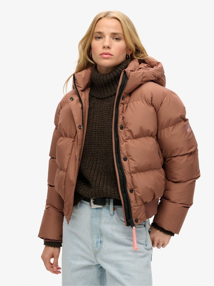 Superdry Nutmeg Spice Brown Hooded Sports Puffer Bomber Jacket - Image 1 of 6