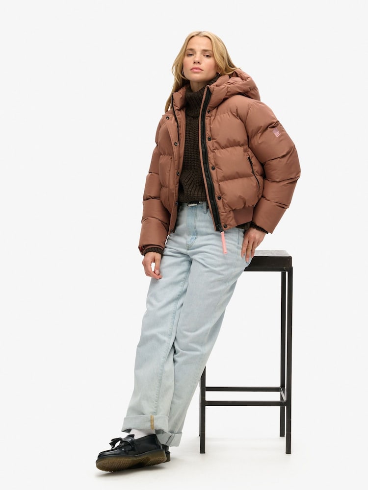 Superdry Nutmeg Spice Brown Hooded Sports Puffer Bomber Jacket - Image 2 of 6