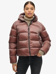 Superdry Nutmeg Brown Sheen Hooded Luxe Sports Puffer Jacket - Image 1 of 8