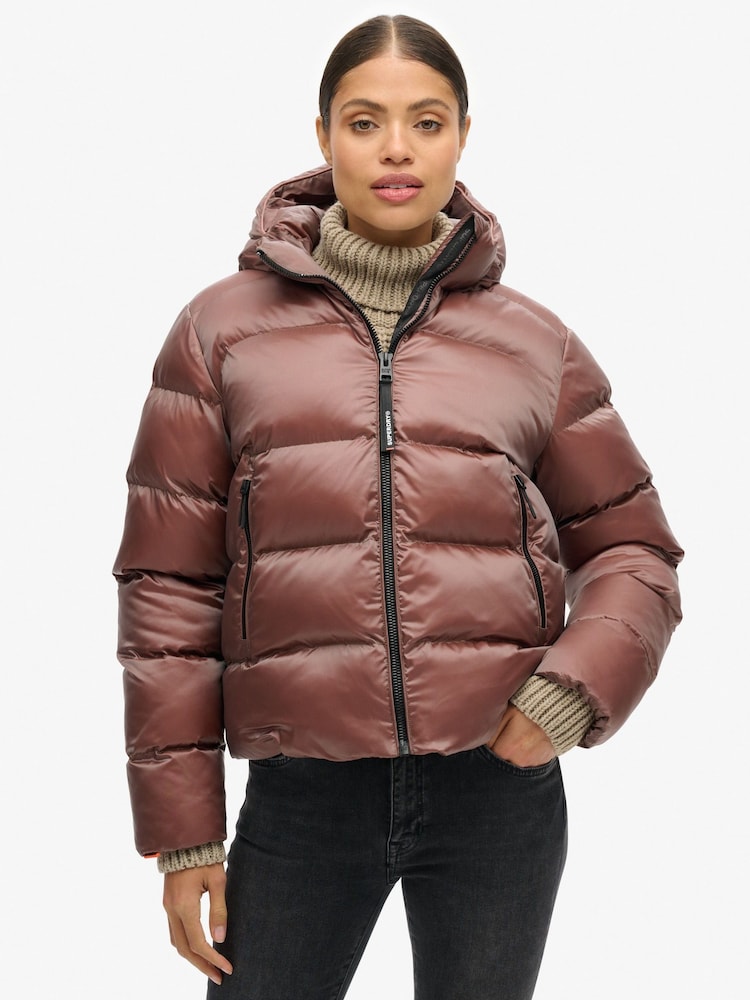 Superdry Nutmeg Brown Sheen Hooded Luxe Sports Puffer Jacket - Image 1 of 8