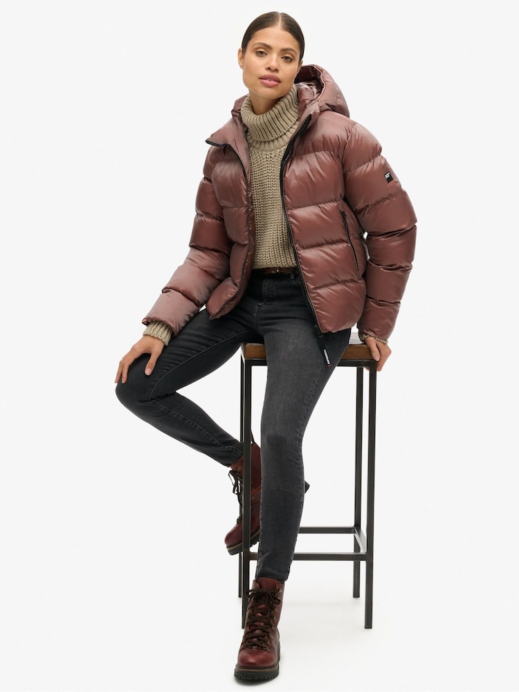 Superdry Nutmeg Brown Sheen Hooded Luxe Sports Puffer Jacket - Image 2 of 8