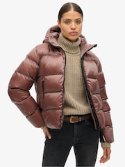 Superdry Nutmeg Brown Sheen Hooded Luxe Sports Puffer Jacket - Image 3 of 8