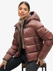 Superdry Nutmeg Brown Sheen Hooded Luxe Sports Puffer Jacket - Image 4 of 8