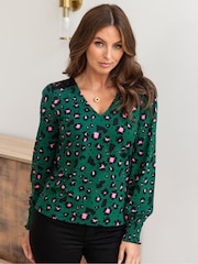Pour Moi Green Lucinda Jersey Lace Detail Leopard Print Long Sleeve T-Shirt - Image 1 of 4