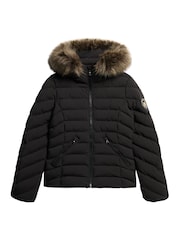 Schwarz - Superdry Fuji wattierte Jacke mit Kapuze aus Kunstpelz - Bild 5 von 6