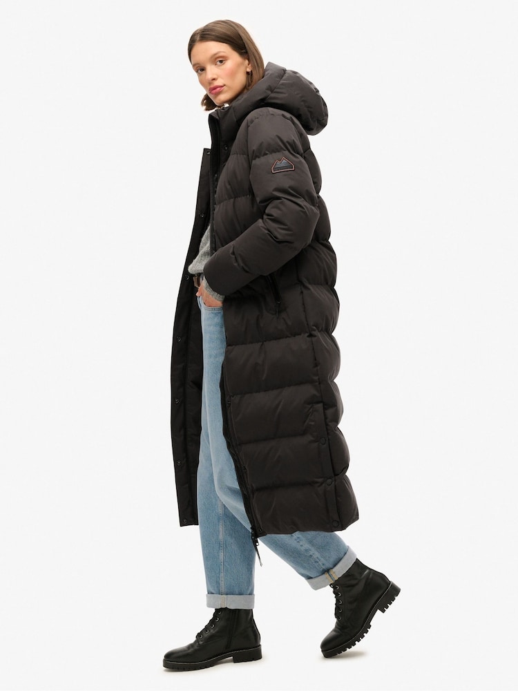 Superdry Black Microfibre Longline Puffer Coat - Image 2 of 5