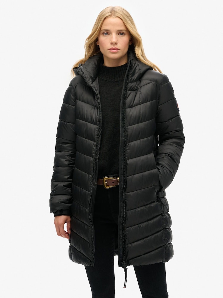 Superdry Black Hooded Fuji Mid Padded Coat - Image 1 of 7