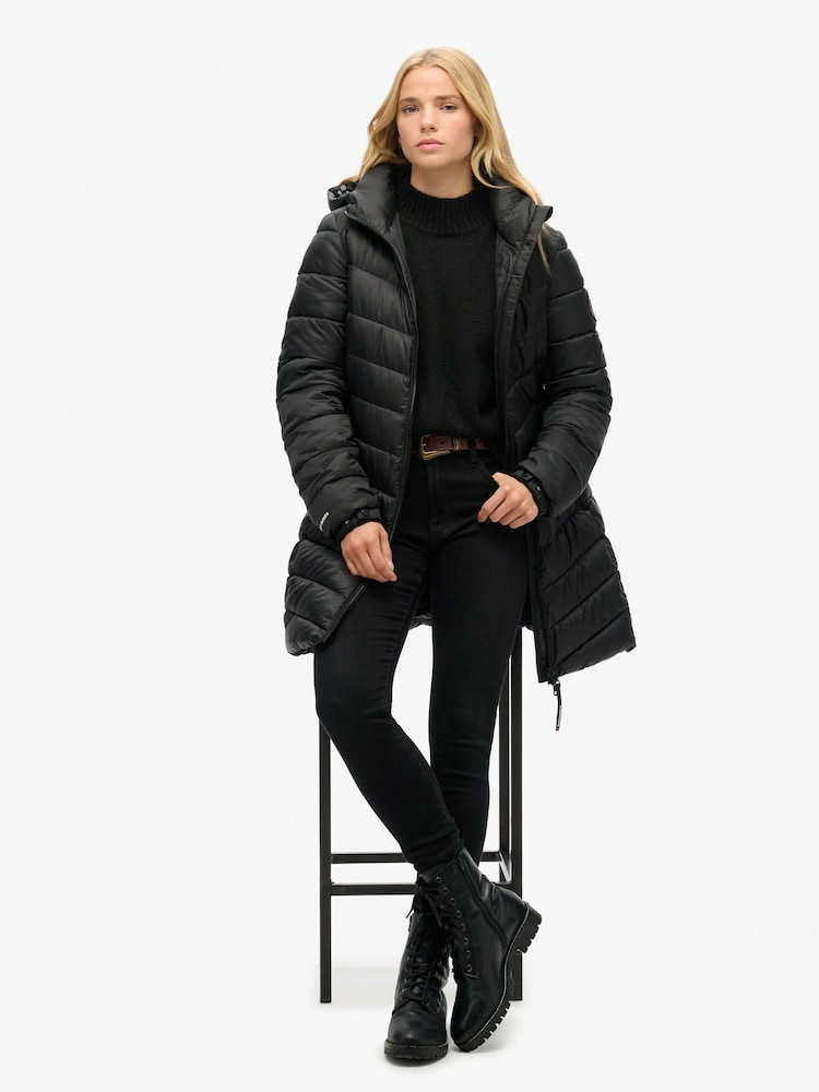 Superdry Black Hooded Fuji Mid Padded Coat - Image 2 of 7