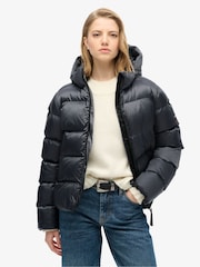 Superdry Ebony Sheen Hooded Luxe Sports Puffer Jacket - Image 1 of 8
