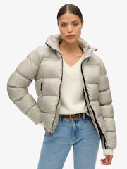 Superdry Oyster Cream Sheen Hooded Luxe Sports Puffer Jacket - Image 1 of 7