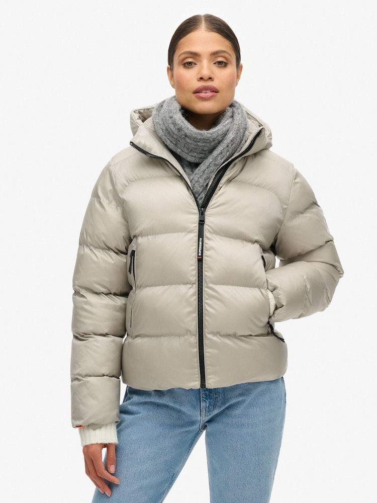 Superdry Oyster Cream Sheen Hooded Luxe Sports Puffer Jacket - Image 4 of 7
