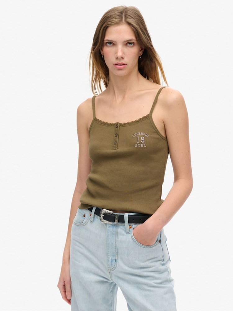 Superdry Green 100% Cotton Athletic Graphic Button Cami - Image 1 of 7