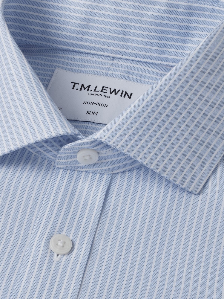 TM Lewin Blue Tailored Fit Non-Iron Regular Chalk Stripe Single Cuff Shirt - Image 2 of 4
