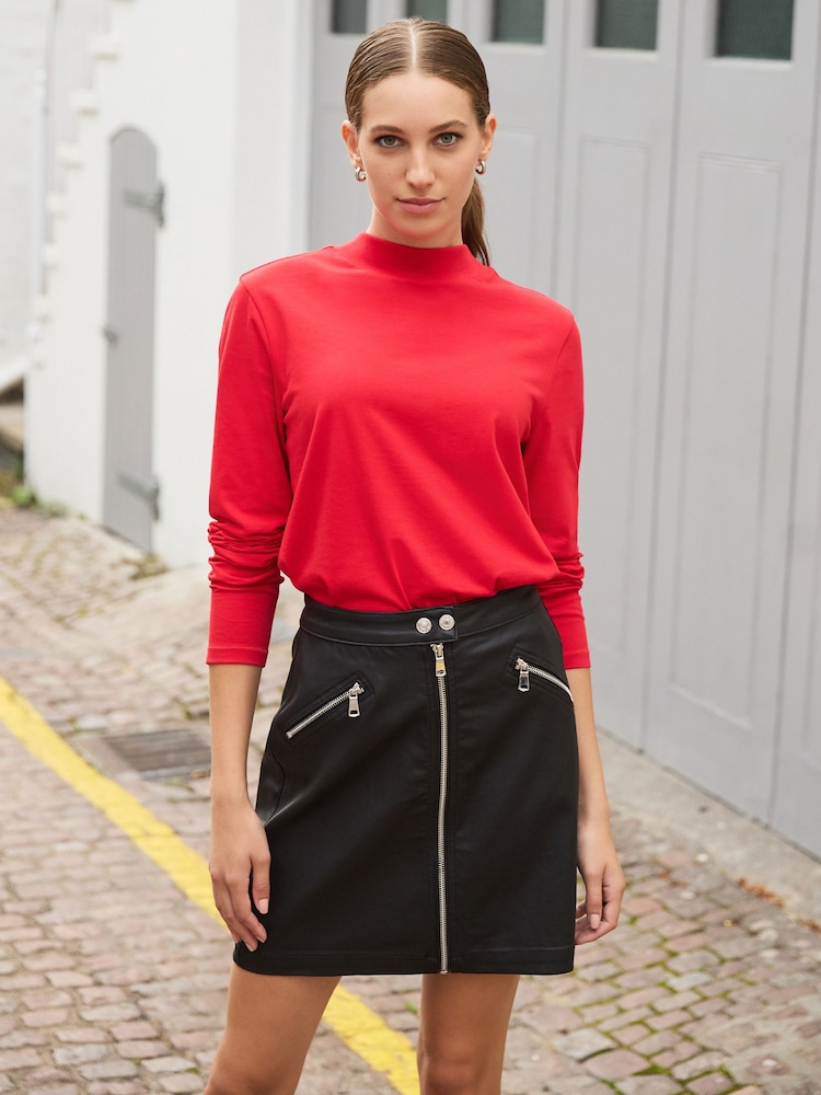 Red High Neck Long Sleeve 100% Cotton Top - Image 1 of 4