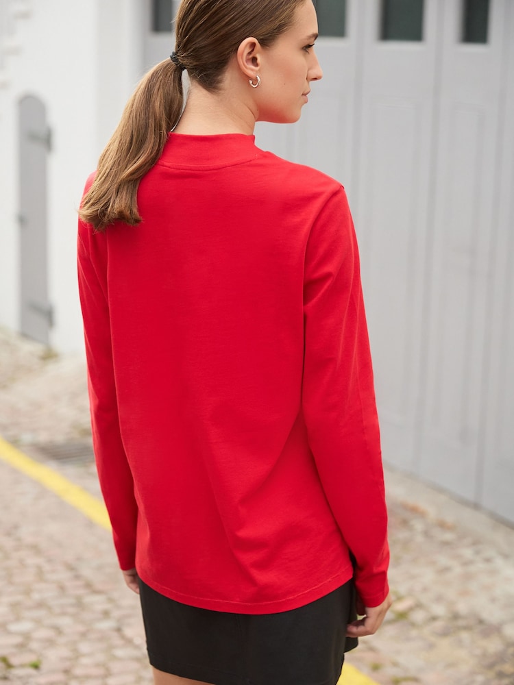 Red High Neck Long Sleeve 100% Cotton Top - Image 2 of 4