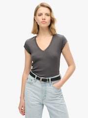 Superdry Dark Slate Grey Essential Lace 100% Cotton Trim T-Shirt - Image 1 of 6