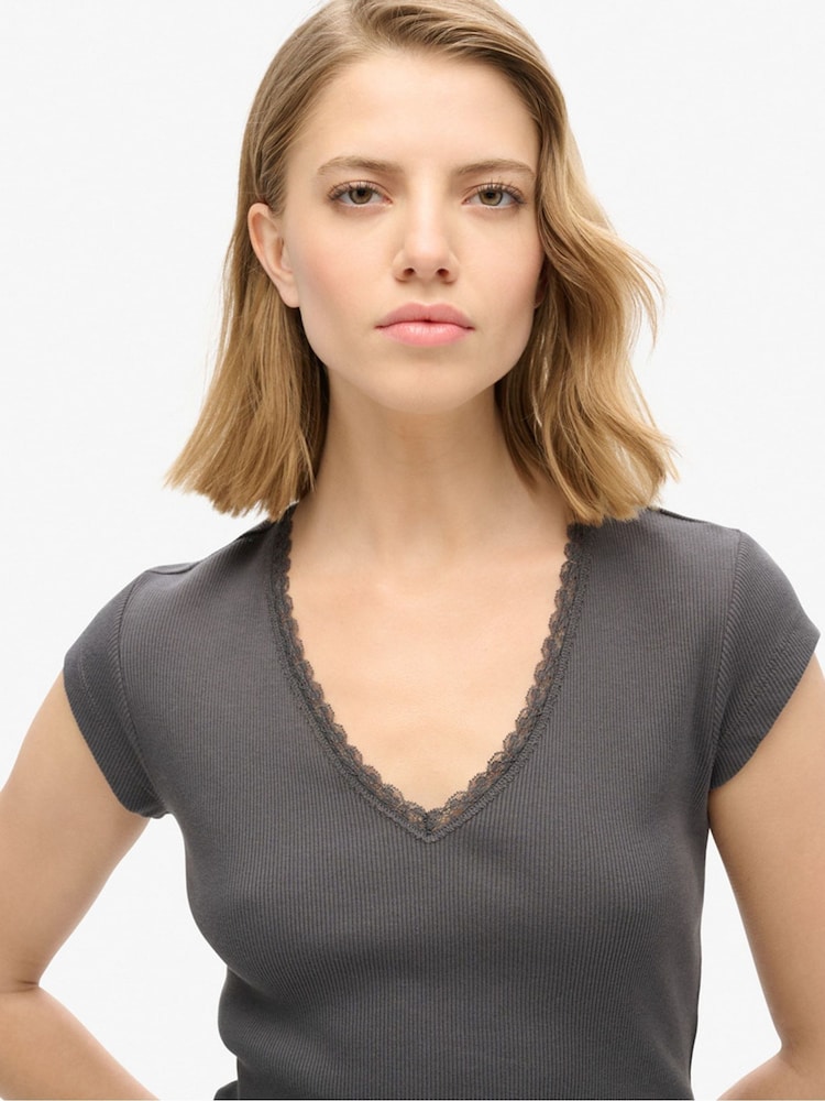 Superdry Dark Slate Grey Essential Lace 100% Cotton Trim T-Shirt - Image 3 of 6