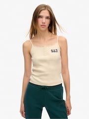 Superdry Turtledove Cream 100% Cotton Athletic Graphic Button Cami - Image 1 of 7