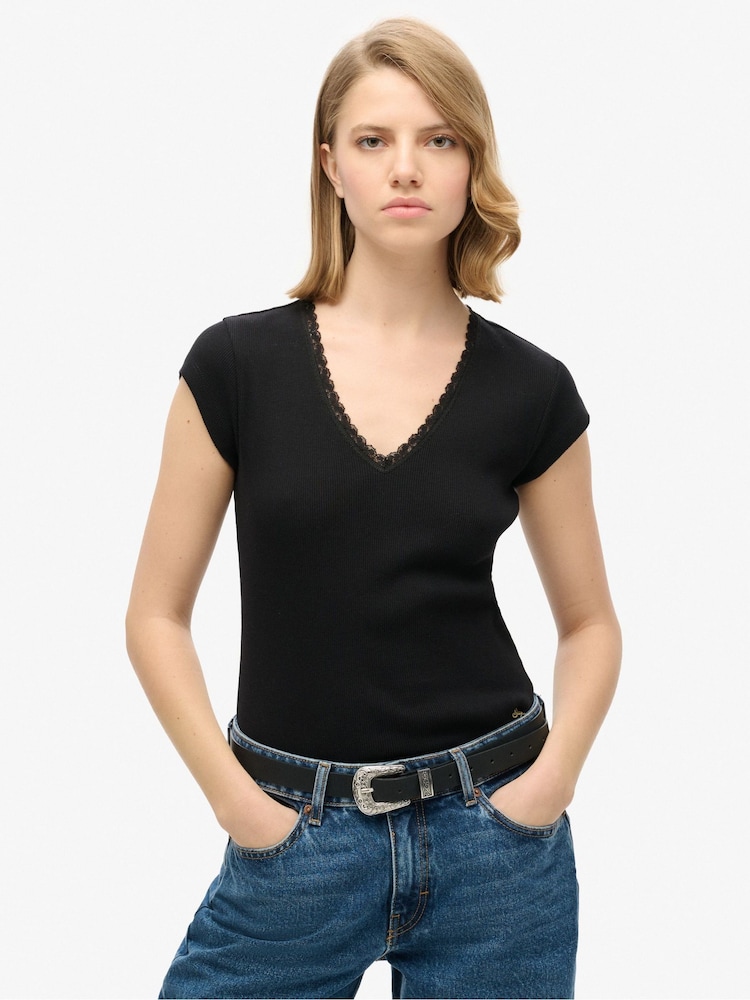 Superdry Black Essential Lace 100% Cotton Trim T-Shirt - Image 1 of 6