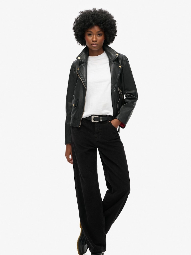 Superdry Black 100% Cotton Mid Rise Wide Leg Cord Trousers - Image 1 of 7