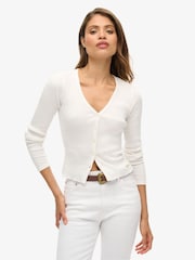 Superdry Off White Superdry Essential Button Through Long Sleeve 100% Cotton Cardigan - Image 1 of 5