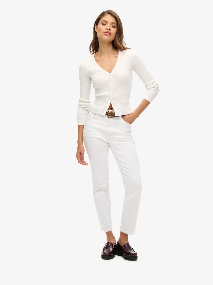 Superdry Off White Superdry Essential Button Through Long Sleeve 100% Cotton Cardigan - Image 2 of 5