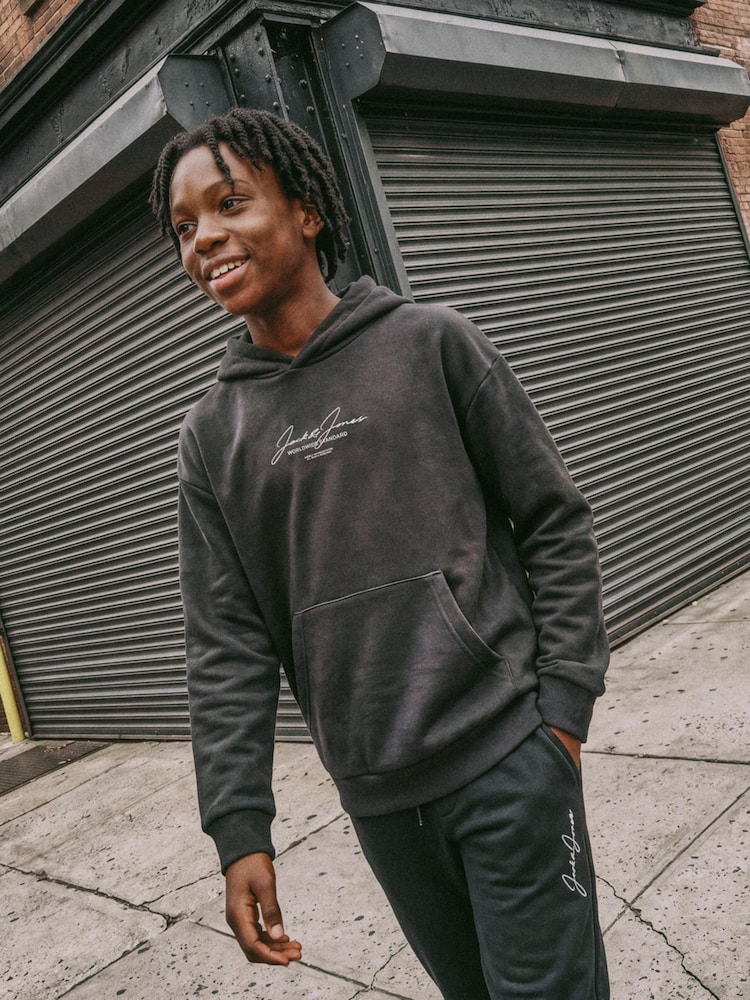JACK & JONES JUNIOR Grey Script Logo Sweathood Tracksuit Set - Image 2 of 7