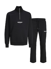JACK & JONES JUNIOR Black Quarter Zip Sweat Top and Open Hem Tracksuit Set - Image 1 of 3