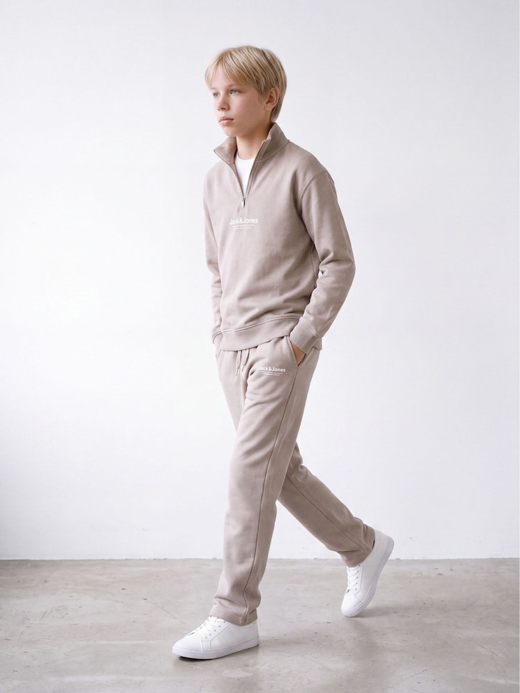 JACK & JONES JUNIOR Natural Quarter Zip Sweat Top and Open Hem Tracksuit Set - Image 1 of 3