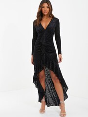 Quiz Black Velvet Animal Dip Hem Maxi Dress With Ruffle Front - Image 1 of 3