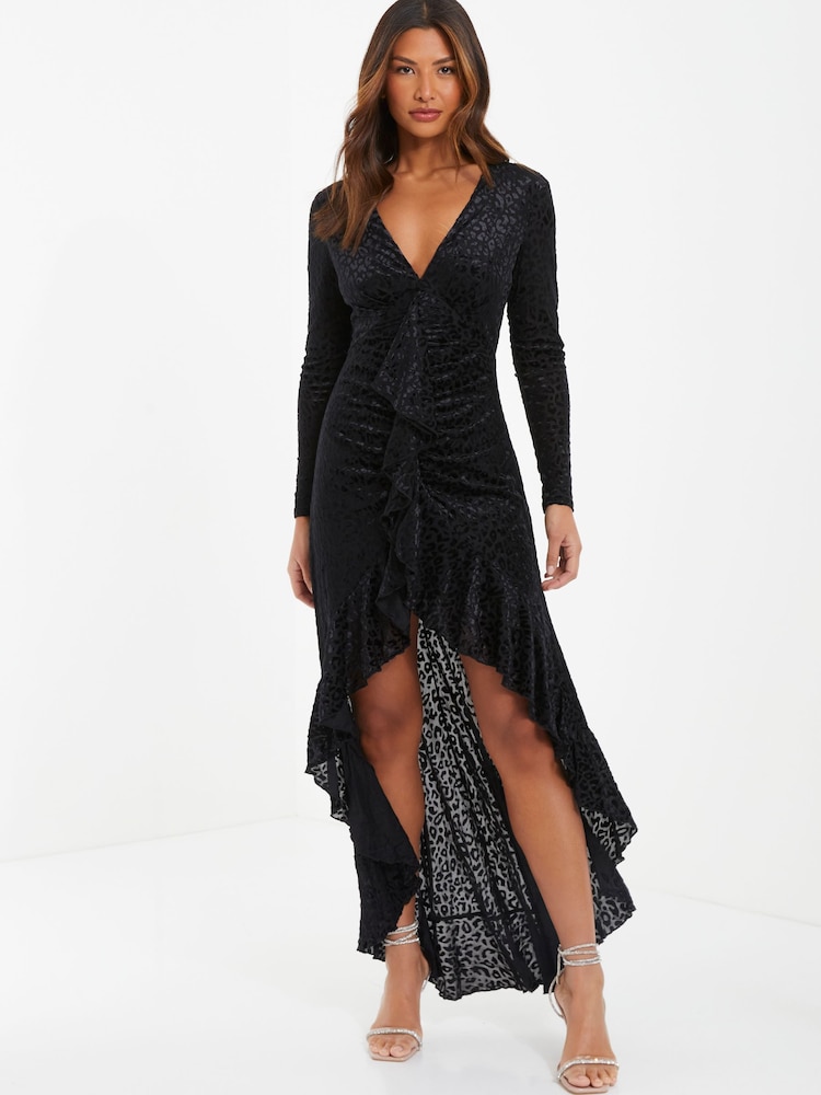 Quiz Black Velvet Animal Dip Hem Maxi Dress With Ruffle Front - Image 1 of 3