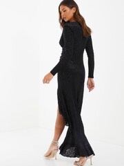 Quiz Black Velvet Animal Dip Hem Maxi Dress With Ruffle Front - Image 2 of 3