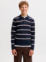 JACK & JONES JUNIOR Blue Striped Knitted Long Sleeve Polo Shirt - Image 1 of 7