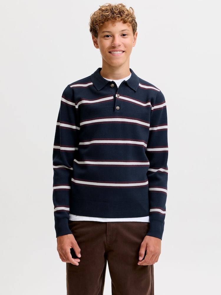 JACK & JONES JUNIOR Blue Striped Knitted Long Sleeve Polo Shirt - Image 1 of 7 JACK & JONES JUNIOR Blue Striped Knitted Long Sleeve Polo Shirt - Image 1 of 7