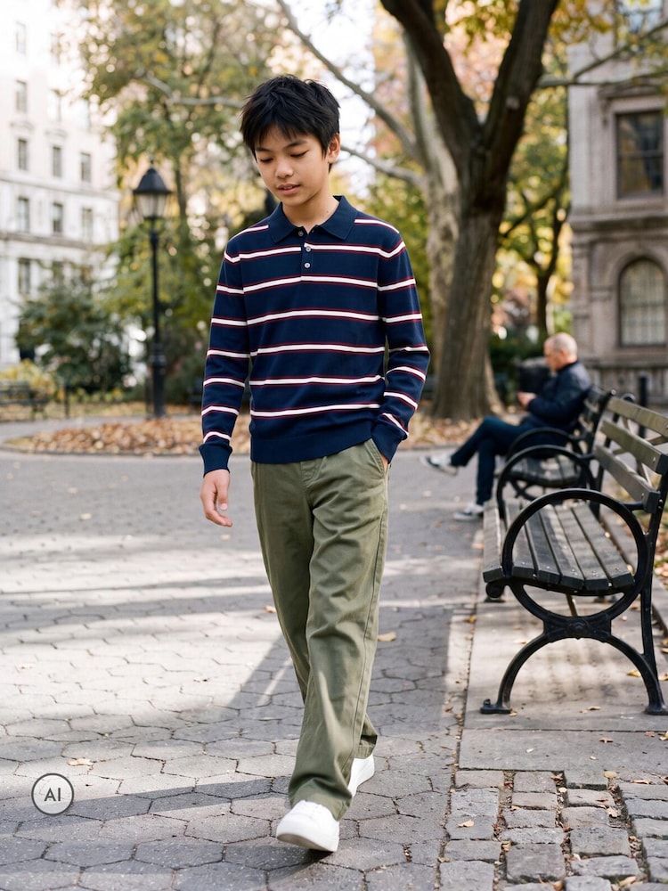 JACK & JONES JUNIOR Blue Striped Knitted Long Sleeve Polo Shirt - Image 2 of 7 JACK & JONES JUNIOR Blue Striped Knitted Long Sleeve Polo Shirt - Image 2 of 7