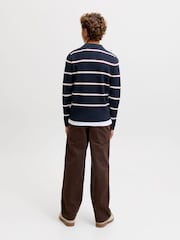 JACK & JONES JUNIOR Blue Striped Knitted Long Sleeve Polo Shirt - Image 3 of 7