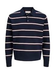 JACK & JONES JUNIOR Blue Striped Knitted Long Sleeve Polo Shirt - Image 6 of 7